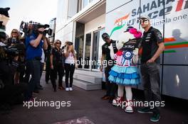 Sergio Perez (MEX) Sahara Force India F1 and Nico Hulkenberg (GER) Sahara Force India F1 with Hello Kitty. 24.05.2015. Formula 1 World Championship, Rd 6, Monaco Grand Prix, Monte Carlo, Monaco, Race Day.