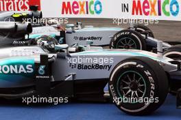 Race winner Nico Rosberg (GER) Mercedes AMG F1 W06 and second placed team mate Lewis Hamilton (GBR) Mercedes AMG F1 W06 in parc ferme. 01.11.2015. Formula 1 World Championship, Rd 17, Mexican Grand Prix, Mexixo City, Mexico, Race Day.
