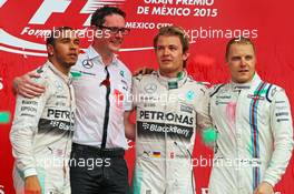 The podium (L to R): Lewis Hamilton (GBR) Mercedes AMG F1, second; Andrew Shovlin (GBR) Mercedes AMG F1 Engineer; Nico Rosberg (GER) Mercedes AMG F1, race winner; Valtteri Bottas (FIN) Williams, third. 01.11.2015. Formula 1 World Championship, Rd 17, Mexican Grand Prix, Mexixo City, Mexico, Race Day.