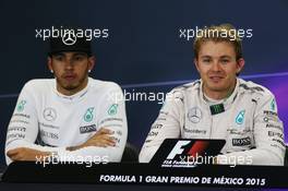 (L to R): Lewis Hamilton (GBR) Mercedes AMG F1 and race winner Nico Rosberg (GER) Mercedes AMG F1 in the post race FIA Press Conference. 01.11.2015. Formula 1 World Championship, Rd 17, Mexican Grand Prix, Mexixo City, Mexico, Race Day.