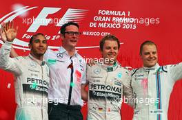 The podium (L to R): Lewis Hamilton (GBR) Mercedes AMG F1, second; Andrew Shovlin (GBR) Mercedes AMG F1 Engineer; Nico Rosberg (GER) Mercedes AMG F1, race winner; Valtteri Bottas (FIN) Williams, third. 01.11.2015. Formula 1 World Championship, Rd 17, Mexican Grand Prix, Mexixo City, Mexico, Race Day.