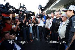 Bernie Ecclestone (GBR) and Sergio Perez (MEX) Sahara Force India F1. 29.10.2015. Formula 1 World Championship, Rd 17, Mexican Grand Prix, Mexixo City, Mexico, Preparation Day.