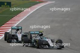 Nico Rosberg (GER) Mercedes AMG F1 W06 leads team mate Lewis Hamilton (GBR) Mercedes AMG F1 W06. 25.10.2015. Formula 1 World Championship, Rd 16, United States Grand Prix, Austin, Texas, USA, Race Day.