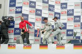champagne shower; Felix Rosenqvist (SWE) Prema Powerteam Dallara F312 – Mercedes-Benz; Nick Cassidy (NZL) Prema Powerteam Dallara F312 – Mercedes-Benz;  26.09.2015. FIA F3 European Championship 2015, Round 10, Race 1, Nuerburgring, Germany