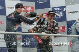 champagne shower; podium; rostrum; Callum Ilott (GBR) Carlin Dallara F312 – Volkswagen; Alexander Albon (THA) Signature Dallara F312 – Volkswagen;  18.10.2015. FIA F3 European Championship 2015, Round 11, Race 3, Hockenheimring, Germany
