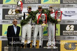 Podium, before 2nd Maro Engel (GER) Mercedes AMG Driving Academy Mercedes–Benz SLS AMG GT3, 1st Stefan Mücke (GER) Craft Bamboo Aston Martin Vantage GT3, 3rd Edoardo Mortara (ITA) Audi Sport Team Phoenix Audi R8 LMS. 21.11.2015. FIA GT Worldcup, Macau, China