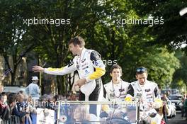 Jordan Taylor, Oliver Gavin, Tommy Milner #64 Corvette Racing Corvette C7.R 12.06.2015. Le Mans 24 Hour, Friday, Drivers Parade, Le Mans, France.
