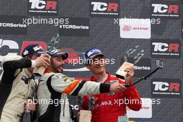 03.05.2015 - Race 2, 1st position Stefano Comini (SUI) SEAT Le&#xf3;n, Target Competition, 2nd position Michel Nykj&#xe6;r (DEN) SEAT Le&#xf3;n, Target Competition and 3rd position Andrea Belicchi (ITA) SEAT Le&#xf3;n, Target Competition 02-03.05.2015 TCR International Series, Valencia, Spain