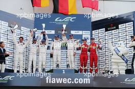 LMGTE Pro podium (L to R):  Frederic Makowiecki (FRA), Patrick Pilet (FRA) #92 Porsche Team Manthey Porsche 911 RSR , second; Richard Lietz (AUT), Michael Christensen (DEN) #91 Porsche Team Manthey Porsche 911 RSR, race winners; Davide Rigon (FRA), James Calado (GBR) #71 AF Corse Ferrari F458 Italia, third. 30.08.2015. FIA World Endurance Championship, Round 4, Nurburgring, Germany, Sunday.