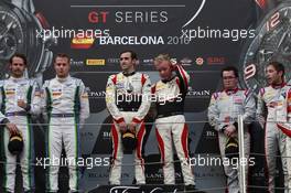 Podium, 1st pos. Tristan Vautier-Felix Rosenqvist, 2nd Maxime Soulet- Andy Soucek, 3rd Enzo Ide-Robin Frijns 01-02.10.2016 Blancpain Sprint Series, Round 5, Circuit de Cataluna, Barcelona, Spain