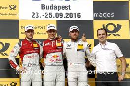 Podium: second place Adrien Tambay (FRA) Audi Sport Team Rosberg, Audi RS 5 DTM; Race winner Mattias Ekström (SWE) Audi Sport Team Abt Sportsline, Audi A5 DTM; third place Daniel Juncadella (ESP) Mercedes-AMG Team HWA, Mercedes-AMG C63 DTM. 25.09.2016, DTM Round 8, Hungaroring, Hungary, Sunday, Race.