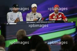 The post race FIA Press Conference (L to R): Lewis Hamilton (GBR) Mercedes AMG F1; Nico Rosberg (GER) Mercedes AMG F1; Sebastian Vettel (GER) Ferrari. 20.03.2016. Formula 1 World Championship, Rd 1, Australian Grand Prix, Albert Park, Melbourne, Australia, Race Day.
