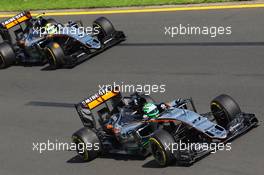 Nico Hulkenberg (GER) Sahara Force India F1 VJM09 and team mate Sergio Perez (MEX) Sahara Force India F1 VJM09. 20.03.2016. Formula 1 World Championship, Rd 1, Australian Grand Prix, Albert Park, Melbourne, Australia, Race Day.