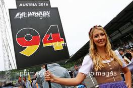 Grid girl for Pascal Wehrlein (GER) Manor Racing. 03.07.2016. Formula 1 World Championship, Rd 9, Austrian Grand Prix, Spielberg, Austria, Race Day.