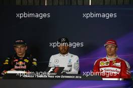 The post race FIA Press Conference (L to R): Max Verstappen (NLD) Red Bull Racing; Lewis Hamilton (GBR) Mercedes AMG F1; Kimi Raikkonen (FIN) Ferrari. 03.07.2016. Formula 1 World Championship, Rd 9, Austrian Grand Prix, Spielberg, Austria, Race Day.