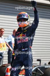 Max Verstappen (NLD) Red Bull Racing celebrates his second position in qualifying parc ferme. 27.08.2016. Formula 1 World Championship, Rd 13, Belgian Grand Prix, Spa Francorchamps, Belgium, Qualifying Day.