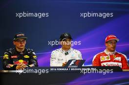 The post qualifying FIA Press Conference (L to R): Max Verstappen (NLD) Red Bull Racing, second; Nico Rosberg (GER) Mercedes AMG F1, pole position; Kimi Raikkonen (FIN) Ferrari, third  27.08.2016. Formula 1 World Championship, Rd 13, Belgian Grand Prix, Spa Francorchamps, Belgium, Qualifying Day.