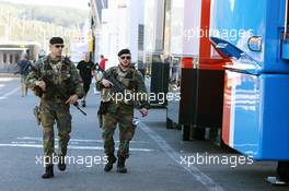 Armed forces guard the pits and paddock. 25.08.2016. Formula 1 World Championship, Rd 13, Belgian Grand Prix, Spa Francorchamps, Belgium, Preparation Day.