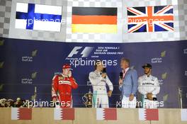 The podium (L to R): Kimi Raikkonen (FIN) Ferrari, second; Nico Rosberg (GER) Mercedes AMG F1, race winner; David Coulthard (GBR) Red Bull Racing and Scuderia Toro Advisor / Channel 4 F1 Commentator; Lewis Hamilton (GBR) Mercedes AMG F1, third. 03.04.2016. Formula 1 World Championship, Rd 2, Bahrain Grand Prix, Sakhir, Bahrain, Race Day.