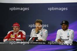 The post race FIA Press Conference (L to R): Kimi Raikkonen (FIN) Ferrari; Nico Rosberg (GER) Mercedes AMG F1; Lewis Hamilton (GBR) Mercedes AMG F1. 03.04.2016. Formula 1 World Championship, Rd 2, Bahrain Grand Prix, Sakhir, Bahrain, Race Day.