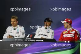 The post qualifying FIA Press Conference (L to R): Nico Rosberg (GER) Mercedes AMG F1; Lewis Hamilton (GBR) Mercedes AMG F1; Sebastian Vettel (GER) Ferrari. 02.04.2016. Formula 1 World Championship, Rd 2, Bahrain Grand Prix, Sakhir, Bahrain, Qualifying Day.