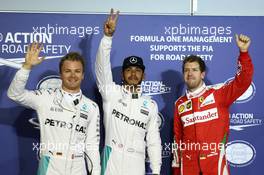 Pole for Lewis Hamilton (GBR) Mercedes AMG F1 W07 , 2nd for Nico Rosberg (GER) Mercedes AMG Petronas F1 W07, and 3rd for Sebastian Vettel (GER) Scuderia Ferrari SF16-H. 02.04.2016. Formula 1 World Championship, Rd 2, Bahrain Grand Prix, Sakhir, Bahrain, Qualifying Day.