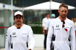 (L to R): Fernando Alonso (ESP) McLaren with team mate Jenson Button (GBR) McLaren. 11.11.2016. Formula 1 World Championship, Rd 20, Brazilian Grand Prix, Sao Paulo, Brazil, Practice Day.
