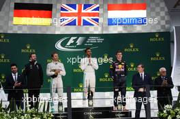 The podium (L to R): Nico Rosberg (GER) Mercedes AMG F1, second; Lewis Hamilton (GBR) Mercedes AMG F1, race winner; Max Verstappen (NLD) Red Bull Racing, third. 13.11.2016. Formula 1 World Championship, Rd 20, Brazilian Grand Prix, Sao Paulo, Brazil, Race Day.