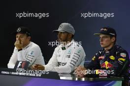 The FIA Press Conference (L to R): Nico Rosberg (GER) Mercedes AMG F1, second; Lewis Hamilton (GBR) Mercedes AMG F1, race winner; Max Verstappen (NLD) Red Bull Racing, third. 13.11.2016. Formula 1 World Championship, Rd 20, Brazilian Grand Prix, Sao Paulo, Brazil, Race Day.