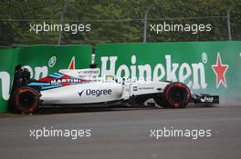 Felipe Massa (BRA) Williams FW38 crashed in the first practice session. 10.06.2016. Formula 1 World Championship, Rd 7, Canadian Grand Prix, Montreal, Canada, Practice Day.