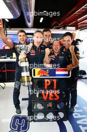 The Red Bull Racing celebrate victory for Max Verstappen (NLD) Red Bull Racing. 15.05.2016. Formula 1 World Championship, Rd 5, Spanish Grand Prix, Barcelona, Spain, Race Day.