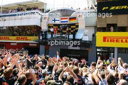 The podium (L to R): Kimi Raikkonen (FIN) Ferrari, second; Max Verstappen (NLD) Red Bull Racing, race winner; Sebastian Vettel (GER) Ferrari, third. 15.05.2016. Formula 1 World Championship, Rd 5, Spanish Grand Prix, Barcelona, Spain, Race Day.