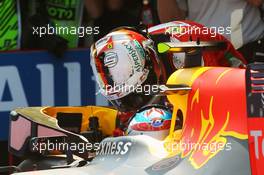 Race winner Max Verstappen (NLD) Red Bull Racing RB12 celebrates in parc ferme with third placed Sebastian Vettel (GER) Ferrari. 15.05.2016. Formula 1 World Championship, Rd 5, Spanish Grand Prix, Barcelona, Spain, Race Day.