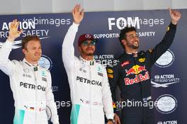 Qualifying top three in parc ferme (L to R): Nico Rosberg (GER) Mercedes AMG F1, second; Lewis Hamilton (GBR) Mercedes AMG F1, pole position; Daniel Ricciardo (AUS) Red Bull Racing, third. 14.05.2016. Formula 1 World Championship, Rd 5, Spanish Grand Prix, Barcelona, Spain, Qualifying Day.