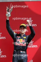 Max Verstappen (NLD) Red Bull Racing celebrates his third position on the podium. 10.07.2016. Formula 1 World Championship, Rd 10, British Grand Prix, Silverstone, England, Race Day.