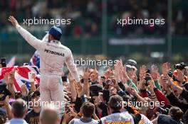 Race winner Lewis Hamilton (GBR) Mercedes AMG F1 celebrates with the fans. 10.07.2016. Formula 1 World Championship, Rd 10, British Grand Prix, Silverstone, England, Race Day.