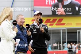 (L to R): Rachel Brookes (GBR) Sky Sports F1 Reporter with Martin Brundle (GBR) Sky Sports Commentator and Jenson Button (GBR) McLaren. 07.07.2016. Formula 1 World Championship, Rd 10, British Grand Prix, Silverstone, England, Preparation Day.
