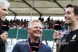 (L to R): Damon Hill (GBR) Sky Sports Presenter with Johnny Herbert (GBR) Sky Sports F1 Presenter and Jolyon Palmer (GBR) Renault Sport F1 Team. 07.07.2016. Formula 1 World Championship, Rd 10, British Grand Prix, Silverstone, England, Preparation Day.