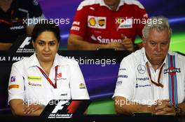 (L to R): Monisha Kaltenborn (AUT) Sauber Team Principal and Pat Symonds (GBR) Williams Chief Technical Officer in the FIA Press Conference. 22.07.2016. Formula 1 World Championship, Rd 11, Hungarian Grand Prix, Budapest, Hungary, Practice Day.