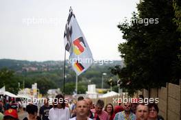 Nico Rosberg (GER) Mercedes AMG F1 flag and fans. 24.07.2016. Formula 1 World Championship, Rd 11, Hungarian Grand Prix, Budapest, Hungary, Race Day.