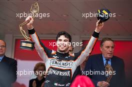 Sergio Perez (MEX) Sahara Force India F1 celebrates his third position on the podium. 29.05.2015. Formula 1 World Championship, Rd 6, Monaco Grand Prix, Monte Carlo, Monaco, Race Day.