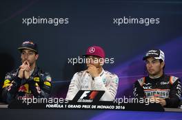 The post race FIA Press Conference (L to R): Daniel Ricciardo (AUS) Red Bull Racing, second; Lewis Hamilton (GBR) Mercedes AMG F1, race winner; Sergio Perez (MEX) Sahara Force India F1, third. 29.05.2015. Formula 1 World Championship, Rd 6, Monaco Grand Prix, Monte Carlo, Monaco, Race Day.