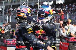 Race winner Daniel Ricciardo (AUS) Red Bull Racing (Right) celebrates with his second placed team mate Max Verstappen (NLD) Red Bull Racing in parc ferme. 02.10.2016. Formula 1 World Championship, Rd 16, Malaysian Grand Prix, Sepang, Malaysia, Sunday.