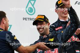 The podium (L to R): Christian Horner (GBR) Red Bull Racing Team Principal with race winner Daniel Ricciardo (AUS) Red Bull Racing and Max Verstappen (NLD) Red Bull Racing. 02.10.2016. Formula 1 World Championship, Rd 16, Malaysian Grand Prix, Sepang, Malaysia, Sunday.