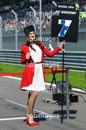 Grid girl for Kimi Raikkonen (FIN) Ferrari. 01.05.2016. Formula 1 World Championship, Rd 4, Russian Grand Prix, Sochi Autodrom, Sochi, Russia, Race Day.
