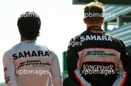 (L to R): Sergio Perez (MEX) Sahara Force India F1 and Nico Hulkenberg (GER) Sahara Force India F1 as the grid observes the national anthem. 01.05.2016. Formula 1 World Championship, Rd 4, Russian Grand Prix, Sochi Autodrom, Sochi, Russia, Race Day.
