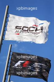 F1 and Sochi Autodrom flags. 28.04.2016. Formula 1 World Championship, Rd 4, Russian Grand Prix, Sochi Autodrom, Sochi, Russia, Preparation Day.