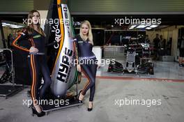 Hype Energy Drink girls with a Sahara Force India F1 VJM09 engine cover. 24.11.2016. Formula 1 World Championship, Rd 21, Abu Dhabi Grand Prix, Yas Marina Circuit, Abu Dhabi, Preparation Day.