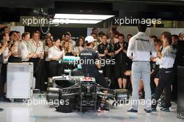 (L to R): Lewis Hamilton (GBR) Mercedes AMG F1; Toto Wolff (GER) Mercedes AMG F1 Shareholder and Executive Director; Nico Rosberg (GER) Mercedes AMG F1; and Paddy Lowe (GBR) Mercedes AMG F1 Executive Director (Technical), at a team meeting. 24.11.2016. Formula 1 World Championship, Rd 21, Abu Dhabi Grand Prix, Yas Marina Circuit, Abu Dhabi, Preparation Day.