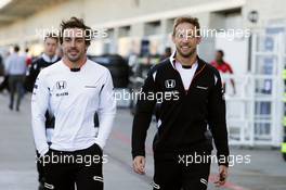(L to R): Fernando Alonso (ESP) McLaren with team mate Jenson Button (GBR) McLaren. 21.10.2016. Formula 1 World Championship, Rd 18, United States Grand Prix, Austin, Texas, USA, Practice Day.